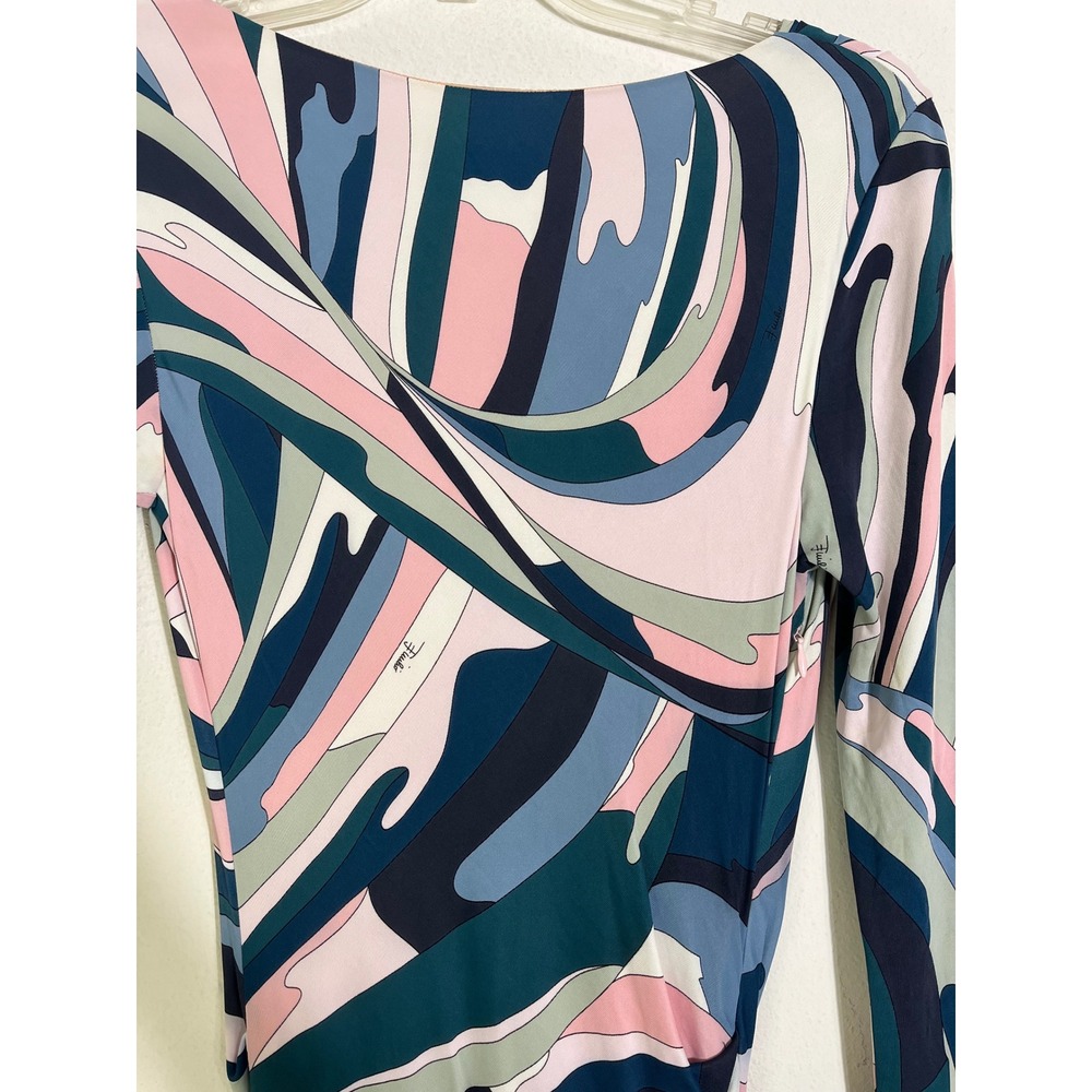 EMILIO PUCCI Draped Cowl Neck Ruched Abstract Print Long Sleeve Dress - Picture 12 of 16